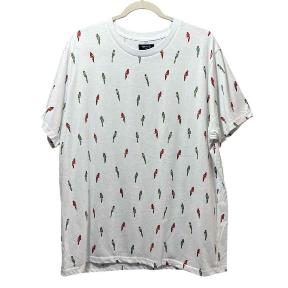 Forever 21 Men White Parrot Print T-Shirt Tropical Bird Pattern Summer Casual XL